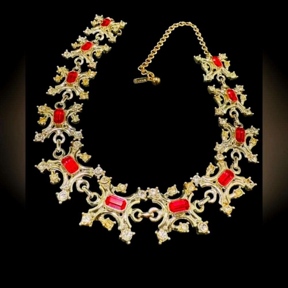 Vintage SIGNED DUANE CHOKER NECKLACE RETRO PINK And CLEAR RHINESTONES